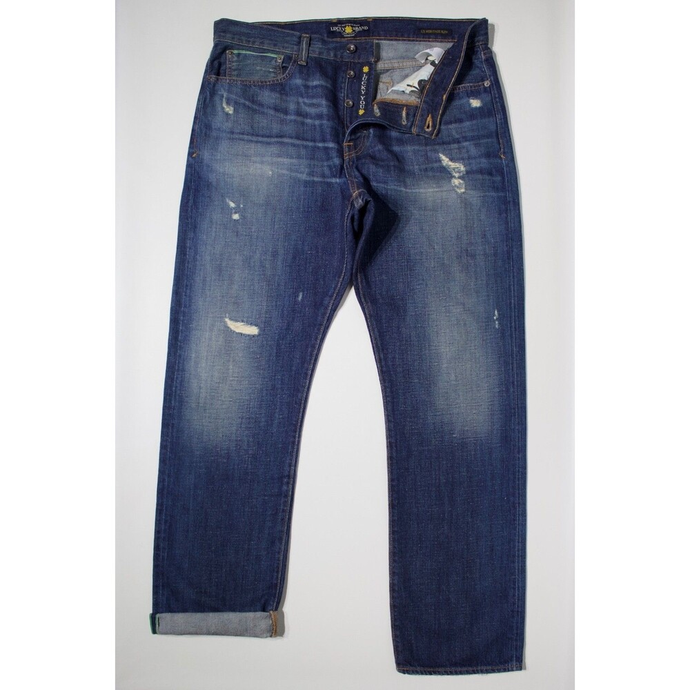 Lucky Brand 121 Heritage Slim Selvedge Distressed Jeans Dark Wash Men 36x32 (J2) - Picture 1 of 12